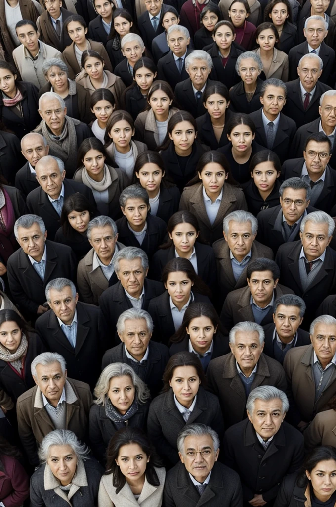 Composition of an image with 8 people, men and women, of different ages.
distribution: Los jóvenes están al frente y old detrás.
perspective: View from above, with everyone looking up.
proportion: People in the foreground (Young) They look bigger than the people in the background. (old), because of perspective.