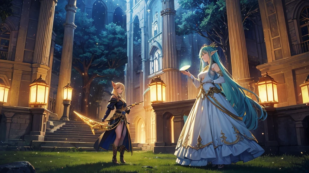 8K,A beautiful elven woman standing in a fantasy landscape. She has golden hair and smiles gracefully with deep emerald eyes. Her outfit is a teal Gwaiz style.
In the background, there is an ancient Celtic castle and a lush forest.
The elven woman holds a harp and magical lights dance around her.
Her outfit is a gorgeous Final Fantasy style dress with delicate decorations.
The lighting is soft, with a warm light that envelops the whole scene and creates a relaxing atmosphere.
The castle tower in the background is lit with twinkling stars, creating a fantastic landscape that blends into the night sky.
The whole image is filled with rich details and colorful elements to prevent boredom.