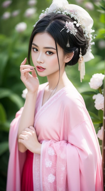 Fashion model , [[[[breast]]]], [[[[Cole]]]], [[[[Shoulder]]]], Perfect eyes, Perfect Iris，Perfect lips，Perfect Teeth，Perfect skin，Pulling a long face，Soft headlight，HD girl,Red clothing，White period clothing，Pink Era Clothing，Green leaves and flowers in the background，（Pastel colors：1.2）
