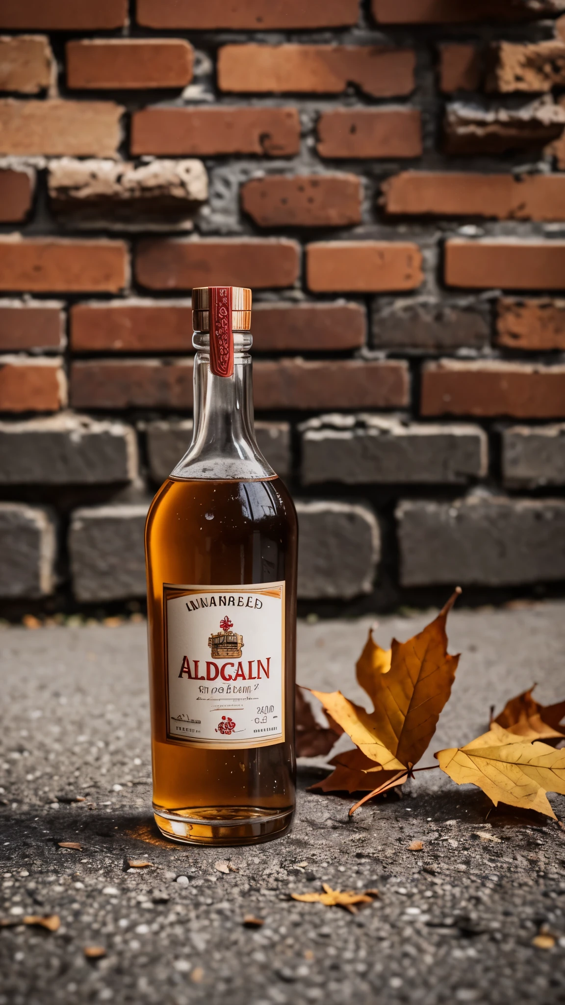 there is a bottle of rum sitting on the ground with autumn leaves around it, in front of a brick wall, schnapps, detailed image, shot from far away, agfa isopan iso 2 5, detailed product photo, close-up product photo, by Alexander Fedosav, hyper realistic rum bottle, bottle of vodka, exposure 1/200, full image
2
there is a bottle of alcohol sitting on the ground in front of a brick wall, a portrait by Alexander Fedosav, pexels, realism, schnapps, detailed image, shot from far away, agfa isopan iso 2 5, detailed product photo, close-up product photo,