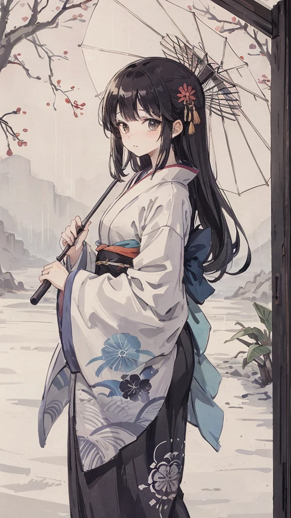 in the rain、A girl holding a Japanese umbrella、Japanese style、Light blue kimono