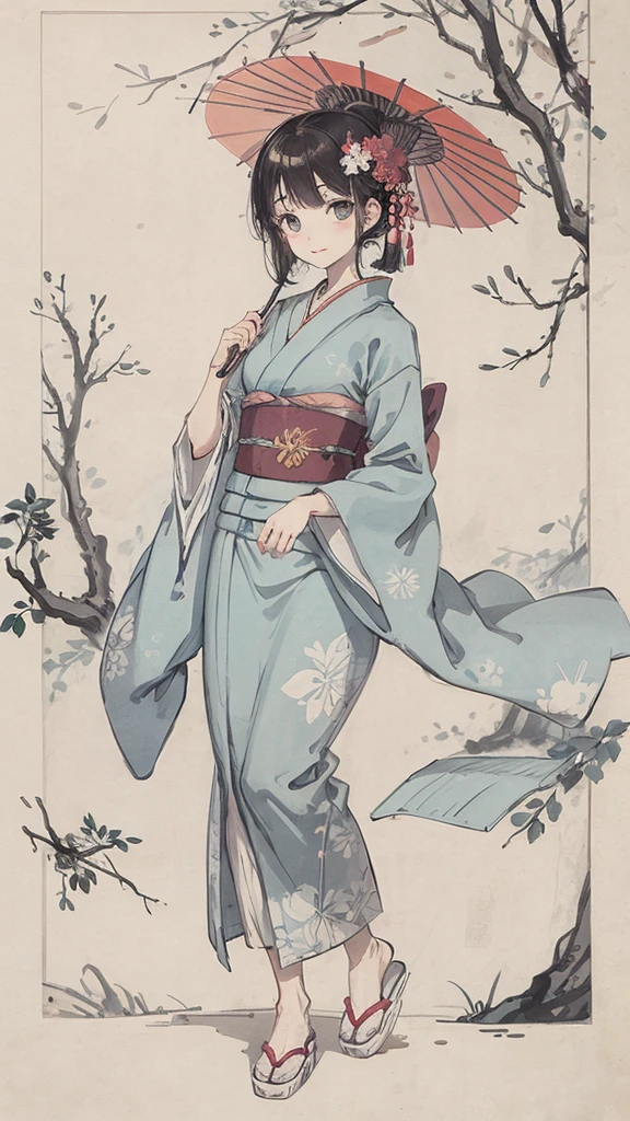 in the rain、A girl holding a Japanese umbrella、Japanese style、Light blue kimono