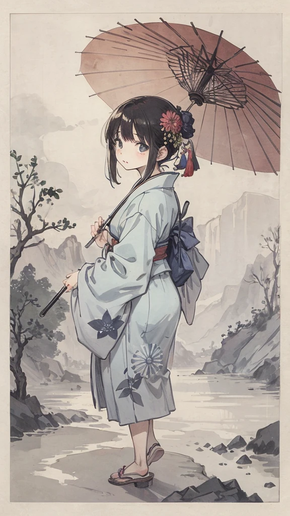 in the rain、A girl holding a Japanese umbrella、Japanese style、Light blue kimono
