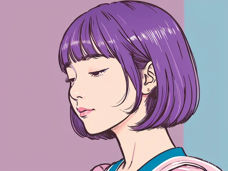 illustration style, 1girl, thinking, half-closed eyes, small eyes, bob-cut hair, ukiyoe, from very side view, lighting side, Showa anime, upper body shot, ukiyoe, woman, soft pink and purple cumulonimbus Behind, pink and blue, pastel colors, realistic:0.3,