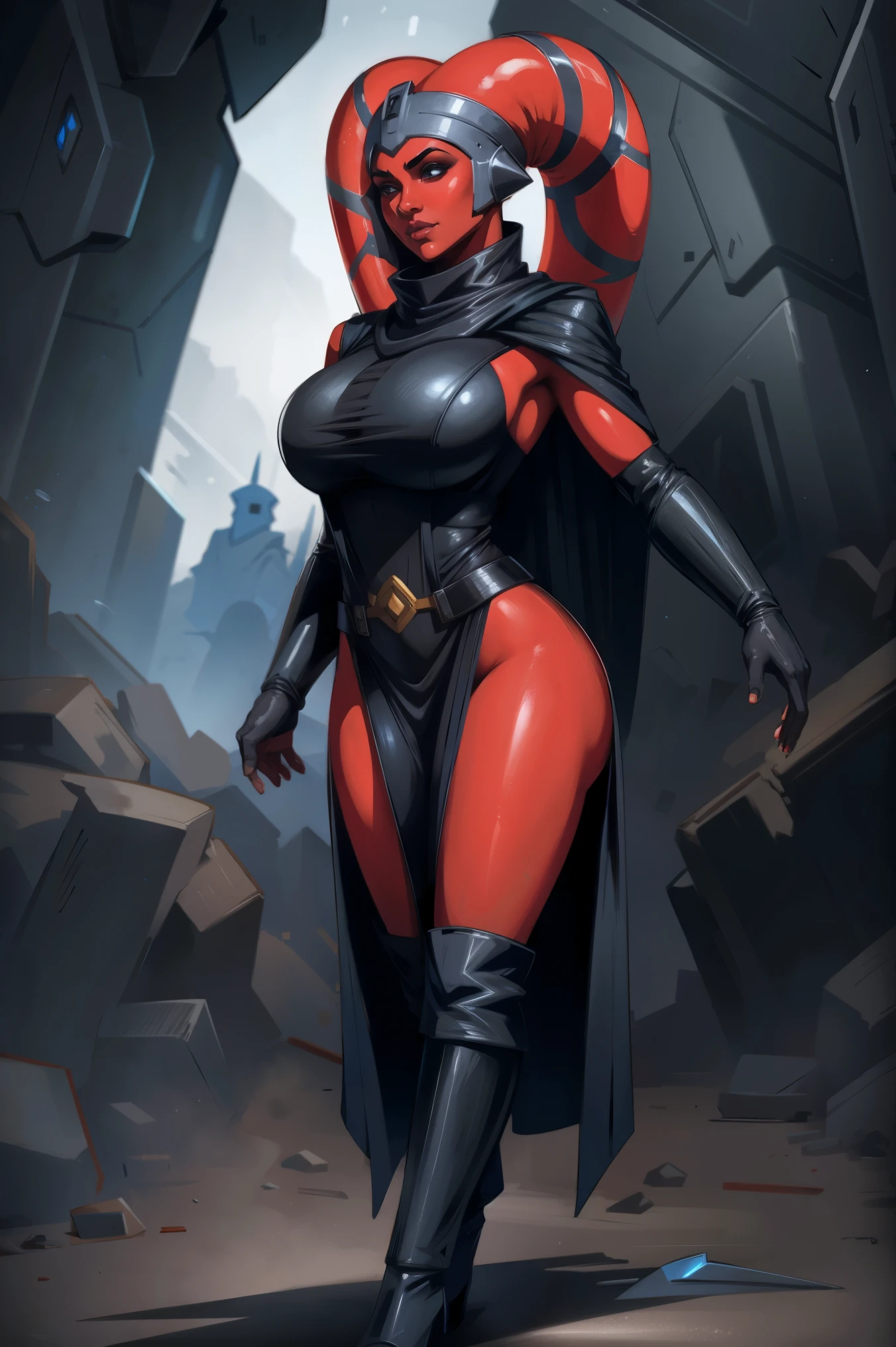 Brutal Red Skin Twi'lek with huge breasts wearing futuristic ((sleek (black) tunic)), robes, cowl, cape, huge breasts, slim hips, small waist, full-body shot