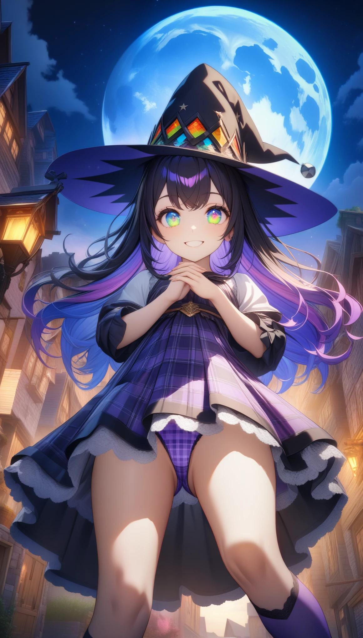 32k, best quality, ultra high res, HDR, UHD, extremely detailed CG, unity 32k wallpaper, (((16k))), (((hight quality))), (((high-level image quality))), (((beautiful colorful eyes))), (((beautiful colorful hair))), ultra detailed colorful antenna hair, (((smile))), (((happy))), (((16k quality full moon))), (((extremely detailed background))), (((starry sky background))), (((town background))), (((unity 16k wallpaper))), (((masterpiece))), (((best quality))), (((ultra-detailed))), (((an extremely delicate and beautiful))), (((beautiful detailed eyes))), (((beautiful detailed glow))), ((((ultra detailed colorful plaid dress)))), (((peer in from below))), ((cowboy shot)), ((face focus)), (((ultra detailed plaid witch hat))), (((panty shot))), (((purple plaid underwear))), (((purple over-kneehighs))), (beautiful five-fingered hand),