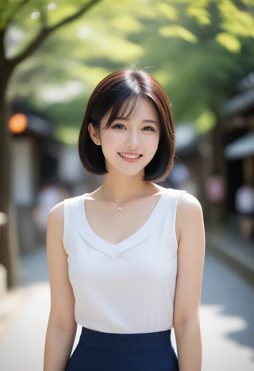 8K, Ultra-high resolution, Highest quality, masterpiece, 三分割法によるphotograph,Surreal, photograph, 1 Girl, (16 years old:1.3), pretty girl, Cute face, Beautiful eyes in every detail, 細かくdetailedに,masterpiece,, One Girl:1.2, Japan Female Announcer,whole body,Young Wife,Urban area,street tree,White blouse with collar,Short sleeve,Mid-length tight skirt,A carefree smile,Heal the heart,Black Hair,Short Bob,Looking at the audience、beauty,Long neck、Laugh a little、Please close your mouth and laugh、(((Ideal body type))),A cup small breasts :2,、Portraiture:2、Perfect Anatomy、鮮明なdetailed、detailed、Surreal、Light and shadow,Strong light