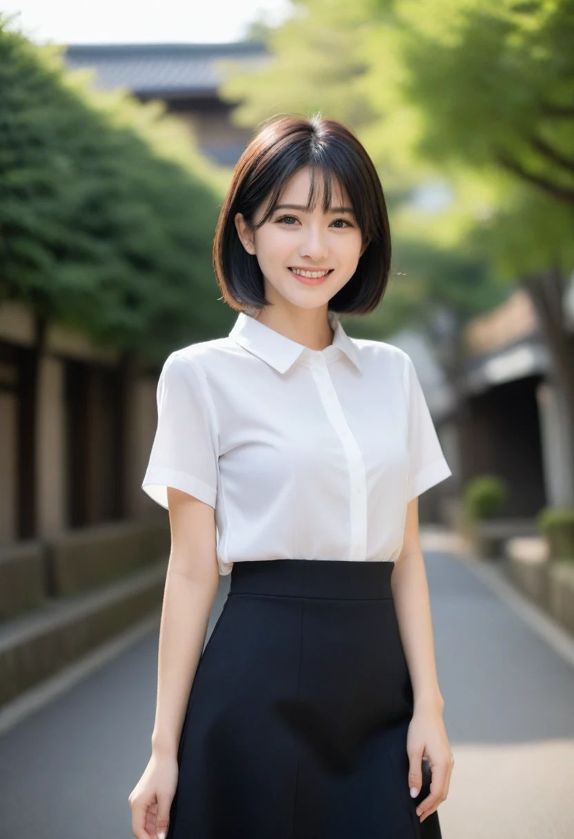 8K, Ultra-high resolution, Highest quality, masterpiece, 三分割法によるphotograph,Surreal, photograph, 1 Girl, (16 years old:1.3), pretty girl, Cute face, Beautiful eyes in every detail, 細かくdetailedに,masterpiece,, One Girl:1.2, Japan Female Announcer,whole body,Young Wife,Urban area,street tree,White blouse with collar,Short sleeve,Mid-length tight skirt,A carefree smile,Heal the heart,Black Hair,Short Bob,Looking at the audience、beauty,Long neck、Laugh a little、Please close your mouth and laugh、(((Ideal body type))),A cup small breasts :2,、Portraiture:2、Perfect Anatomy、鮮明なdetailed、detailed、Surreal、Light and shadow,Strong light 