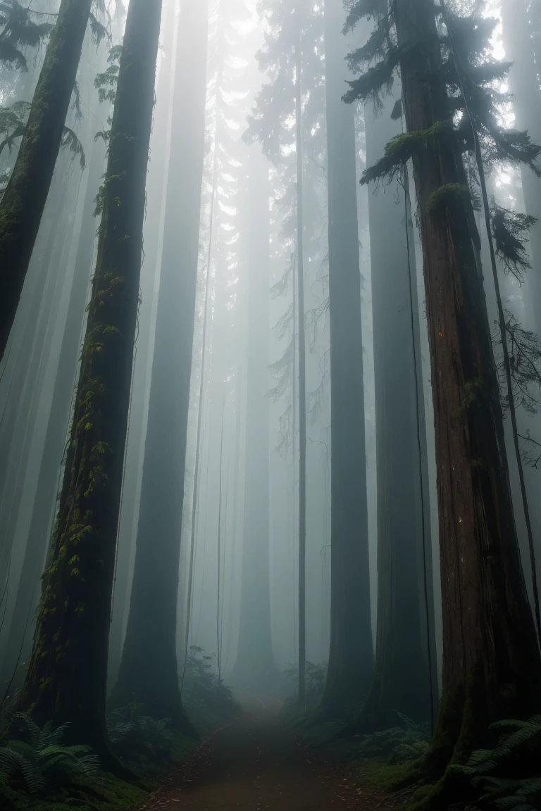 a view of a path through a dense forest in the fog, in a foggy redwood forest, misty forest, foggy jungle, eerie jungle, foggy forest, eerie!!! atmosphere, ancient forest like fanal forest, in the foggy huge forest, ominous and eerie forest, misty woods, beautiful and mysterious, in a foggy forest, on a misty forest