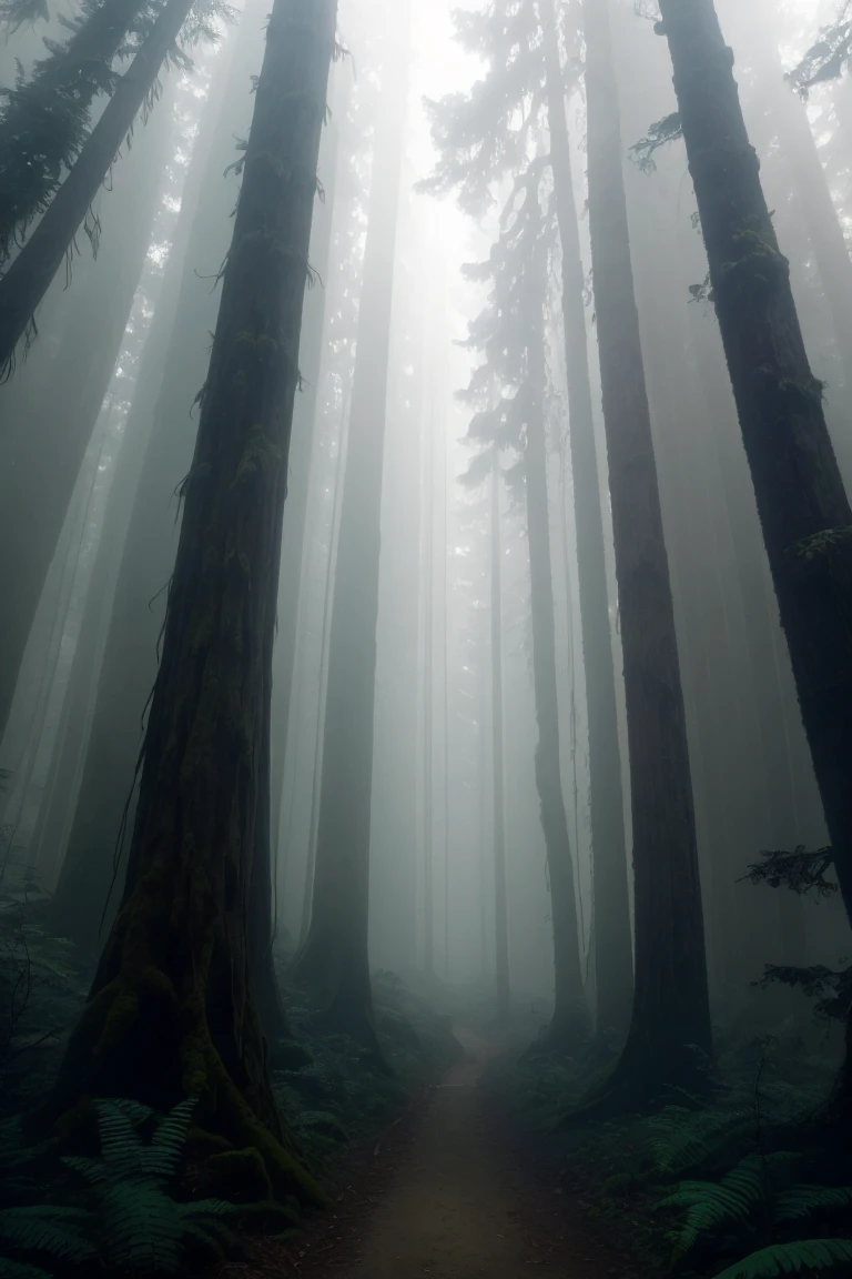 a view of a path through a dense forest in the fog, in a foggy redwood forest, misty forest, foggy jungle, eerie jungle, foggy forest, eerie!!! atmosphere, ancient forest like fanal forest, in the foggy huge forest, ominous and eerie forest, misty woods, beautiful and mysterious, in a foggy forest, on a misty forest
