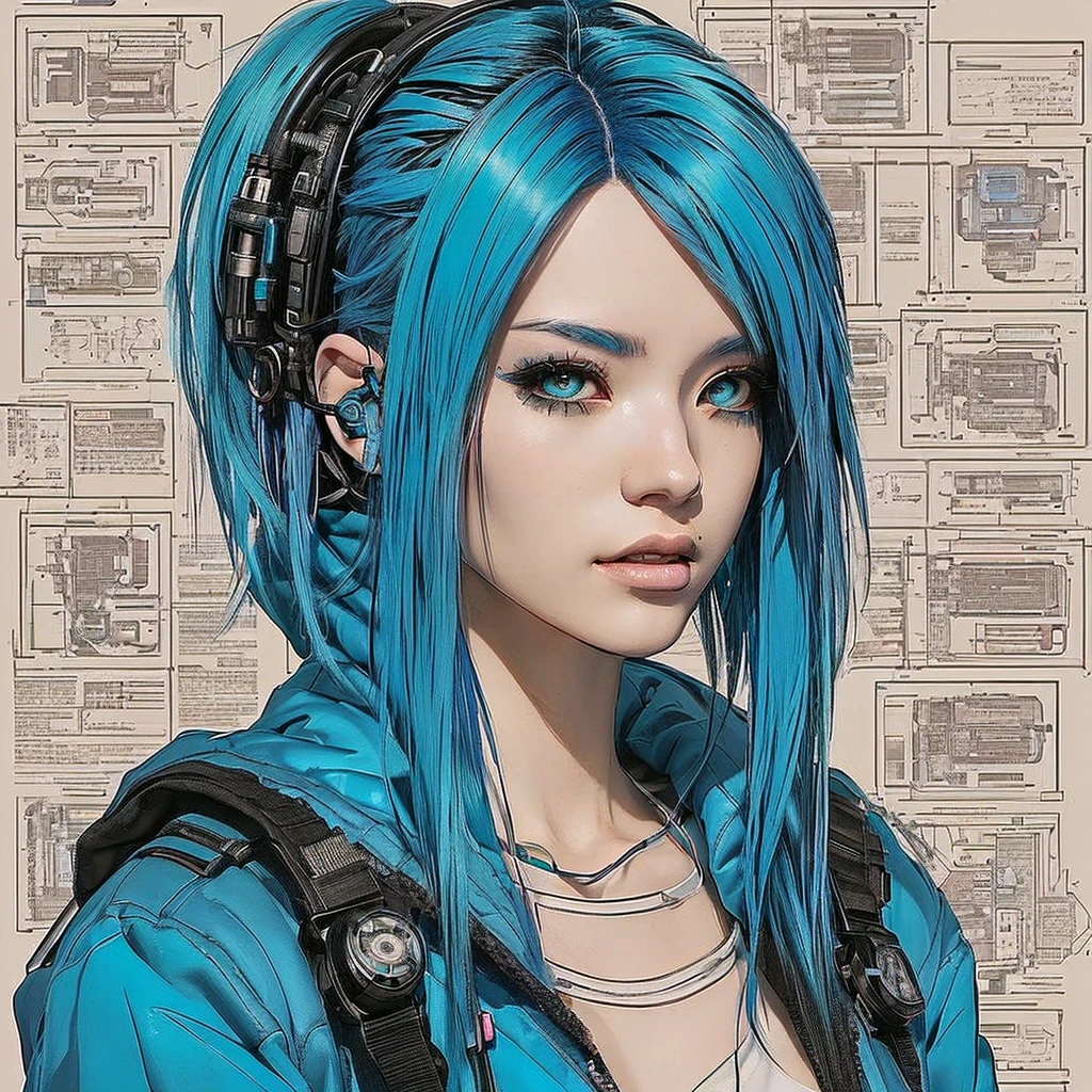 a close up of a person with blue hair and a backpack, modern cyberpunk anime, cyberpunk anime girl, in cyberpunk style, the cyberpunk girl portrait, moebius + artgerm, female cyberpunk anime girl, portrait of jinx from arcane, cyberpunk girl, digital cyberpunk anime art, girl with blue hair, anime girl with teal hair, cyberpunk anime girl in hoodie
