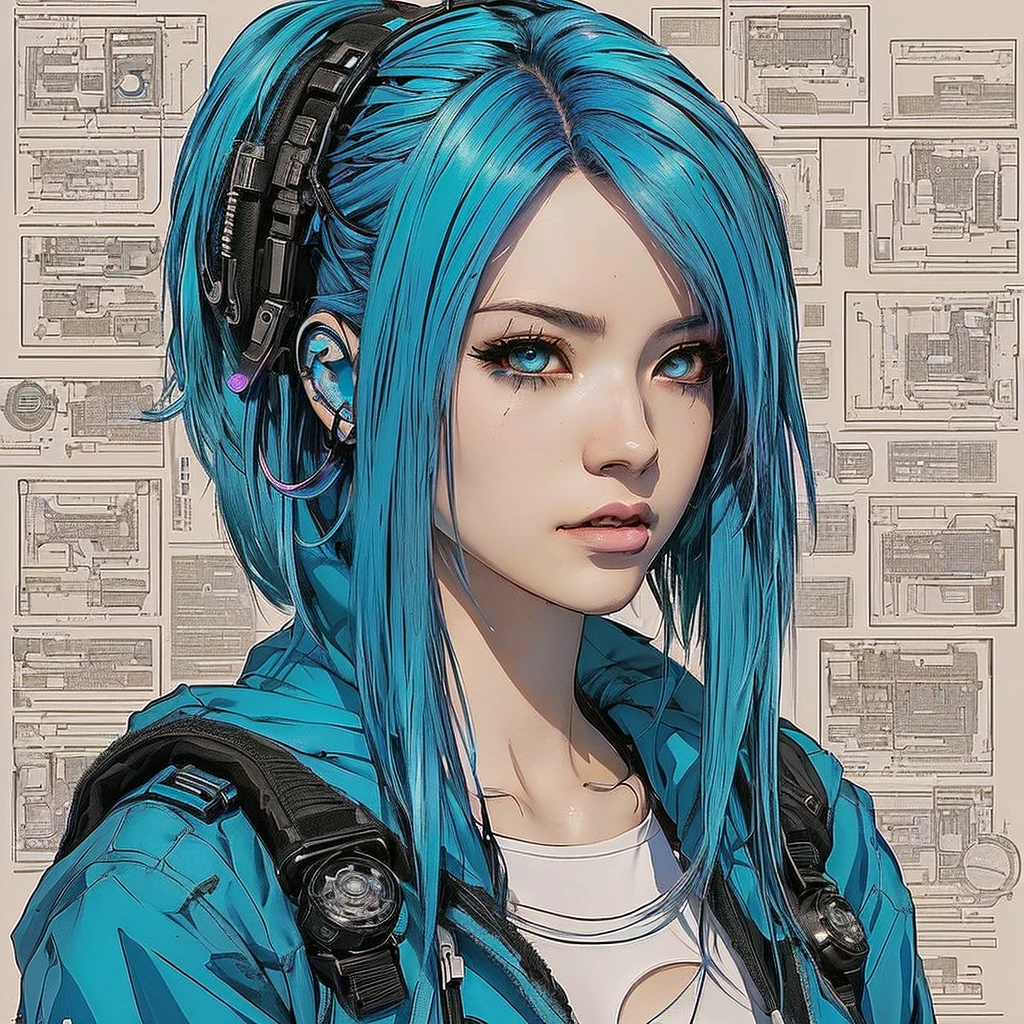 a close up of a person with blue hair and a backpack, modern cyberpunk anime, cyberpunk anime girl, in cyberpunk style, the cyberpunk girl portrait, moebius + artgerm, female cyberpunk anime girl, portrait of jinx from arcane, cyberpunk girl, digital cyberpunk anime art, girl with blue hair, anime girl with teal hair, cyberpunk anime girl in hoodie