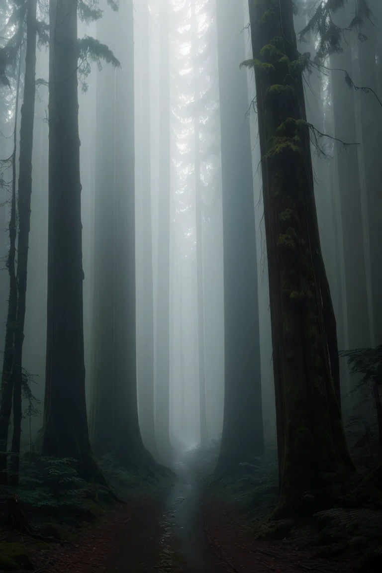 a view of a path through a dense forest in the fog, a matte painting by Tadashige Ono, flickr, romanticism, in a foggy redwood forest, misty forest, foggy jungle, eerie jungle, foggy forest, eerie!!! atmosphere, ancient forest like fanal forest, in the foggy huge forest, ominous and eerie forest, misty woods, beautiful and mysterious