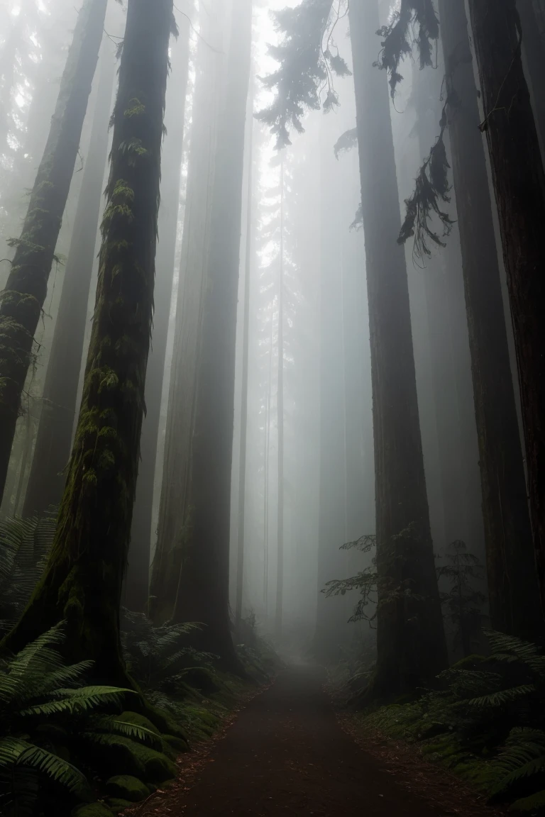 a view of a path through a dense forest in the fog, in a foggy redwood forest, misty forest, foggy jungle, eerie jungle, foggy forest, eerie!!! atmosphere, ancient forest like fanal forest, in the foggy huge forest, ominous and eerie forest, misty woods, beautiful and mysterious, in a foggy forest, on a misty forest