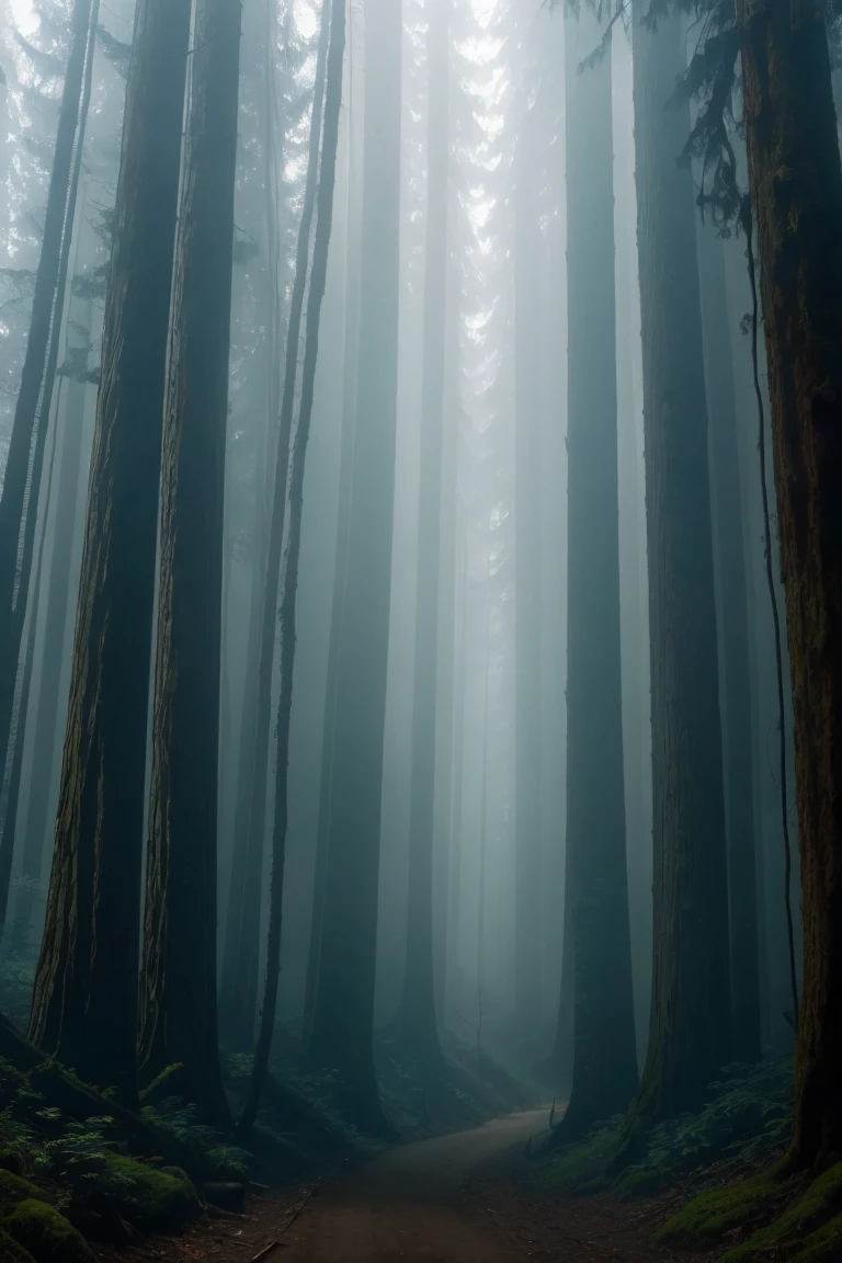 a view of a path through a dense forest in the fog, in a foggy redwood forest, misty forest, foggy jungle, eerie jungle, foggy forest, eerie!!! atmosphere, ancient forest like fanal forest, in the foggy huge forest, ominous and eerie forest, misty woods, beautiful and mysterious, in a foggy forest, on a misty forest