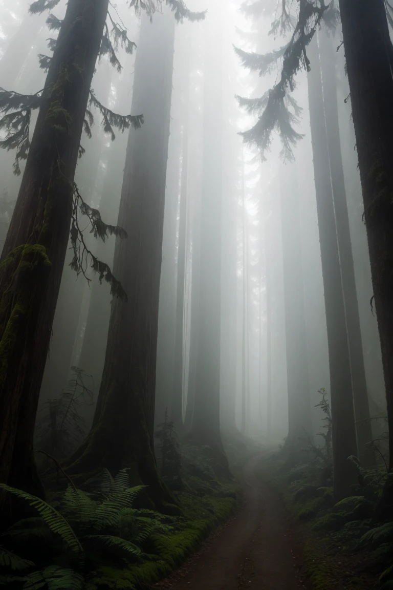 a view of a path through a dense forest in the fog, in a foggy redwood forest, misty forest, foggy jungle, eerie jungle, foggy forest, eerie!!! atmosphere, ancient forest like fanal forest, in the foggy huge forest, ominous and eerie forest, misty woods, beautiful and mysterious, in a foggy forest, on a misty forest