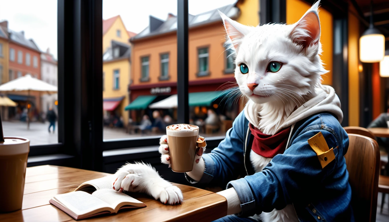 (photo cinematic), (((raining))), anthropomorphic, cute white kitten, casual clothes, sitting by the window in a cafe, drinking hot chocolate, listening to music on headphones, (reading a book), 2D, colorful, warm atmosphere, shiny, Jean-Baptiste Monge style, Alan Lee style