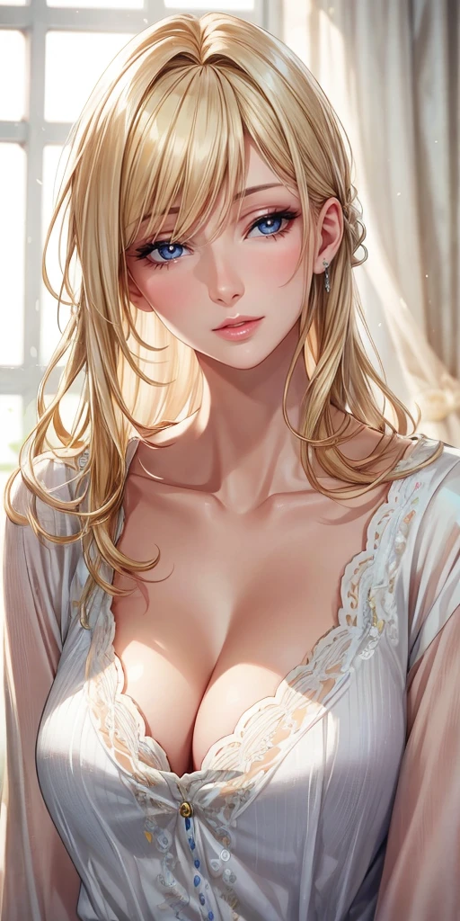 Realistic, Elegant mature woman, blue eyes, blonde hair, soft light, high detailed, 4k resolution, high quality, beautiful cg