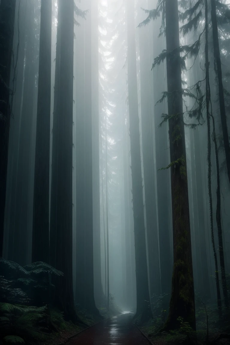 a view of a path through a dense forest in the fog, a matte painting by Tadashige Ono, flickr, romanticism, in a foggy redwood forest, misty forest, foggy jungle, eerie jungle, foggy forest, eerie!!! atmosphere, ancient forest like fanal forest, in the foggy huge forest, ominous and eerie forest, misty woods, beautiful and mysterious