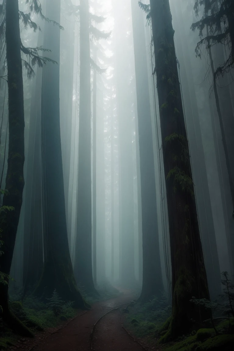 a view of a path through a dense forest in the fog, a matte painting by Tadashige Ono, flickr, romanticism, in a foggy redwood forest, misty forest, foggy jungle, eerie jungle, foggy forest, eerie!!! atmosphere, ancient forest like fanal forest, in the foggy huge forest, ominous and eerie forest, misty woods, beautiful and mysterious