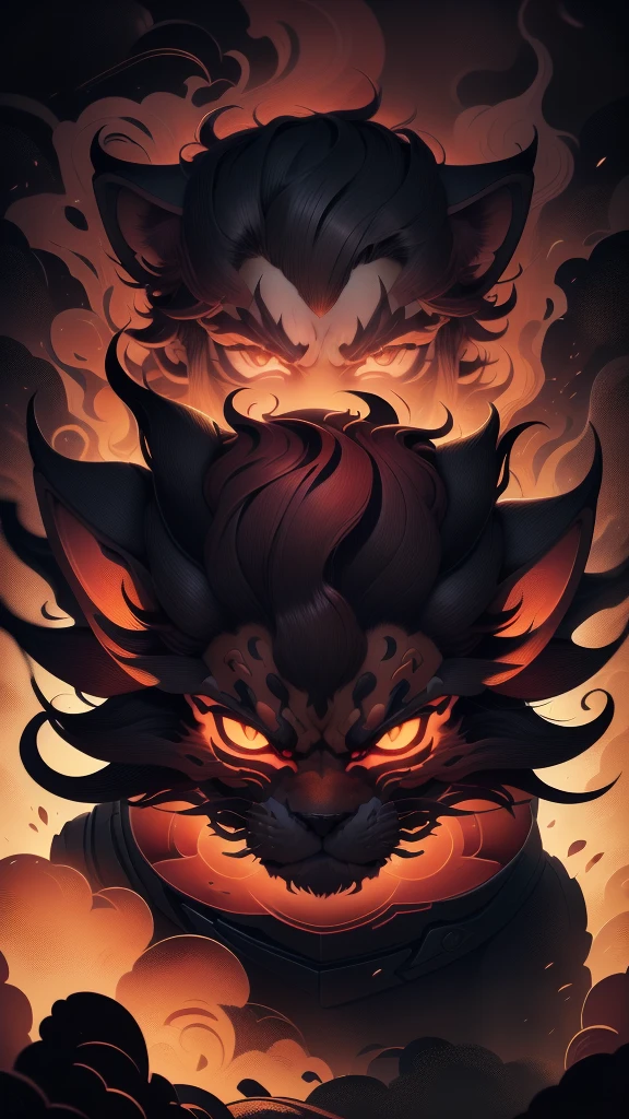 Make me red orange lion head black hair and use the typography that porbas, The lion destroyer of the world.