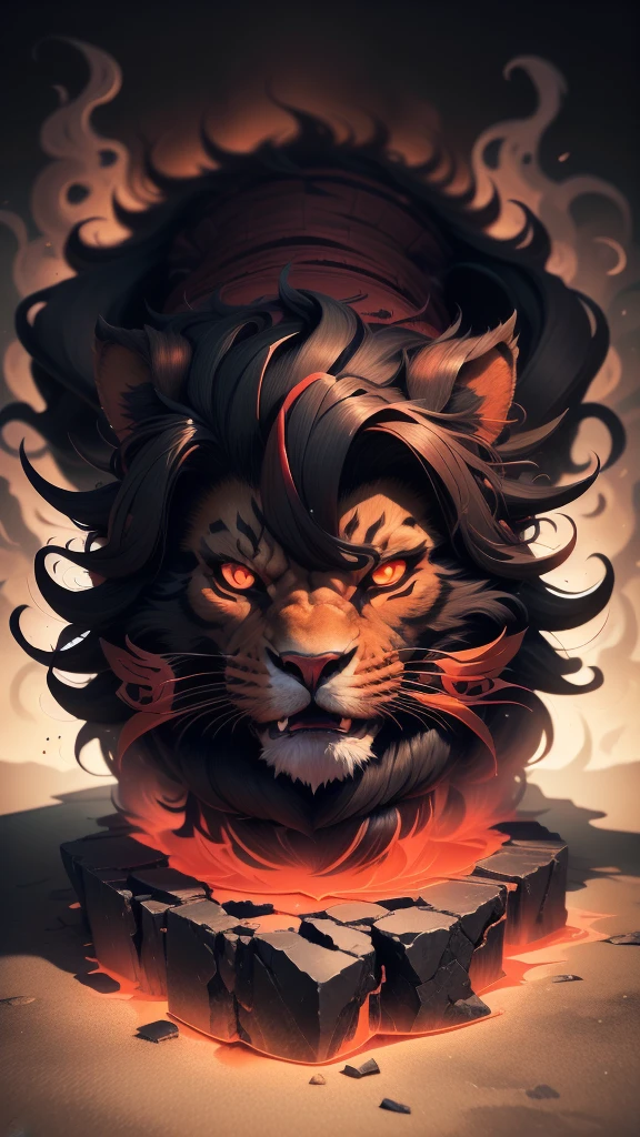 Make me red orange lion head black hair and use the typography that porbas, The lion destroyer of the world.