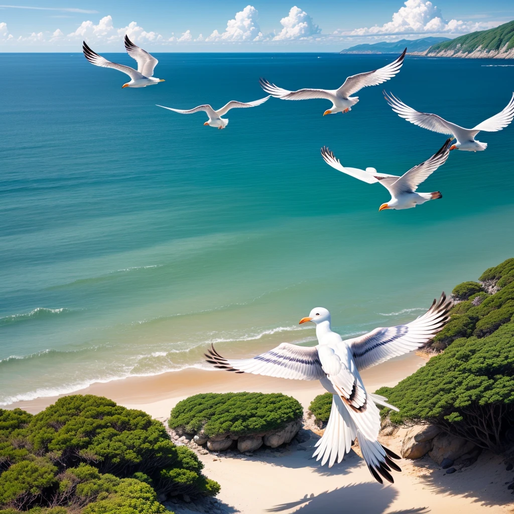 On the clear sea,Three seagulls flying by,Long-range perspective,Japanese comic style,The album cover