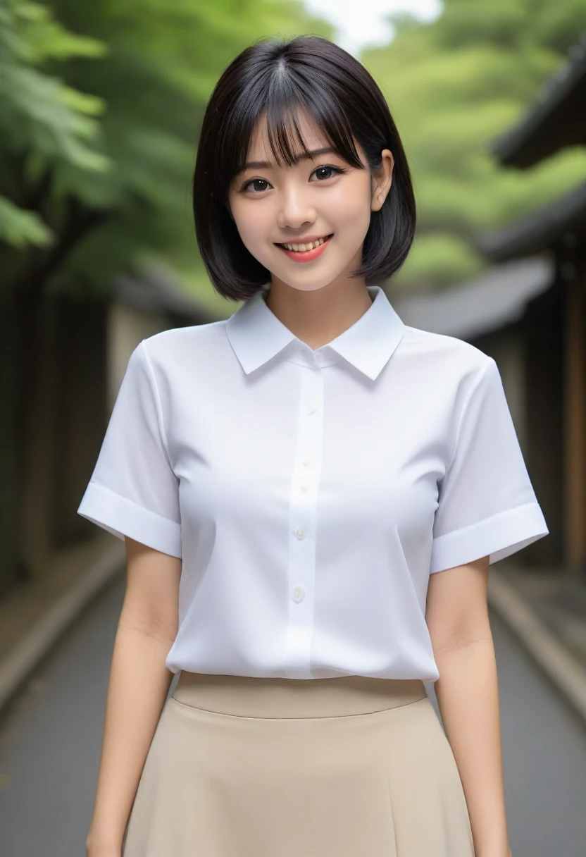 8K, Ultra-high resolution, Highest quality, masterpiece, 三分割法によるphotograph,Surreal, photograph, 1 Girl, (:1.3), pretty girl, Cute face, Beautiful eyes in every detail, 細かくdetailedに,masterpiece,, One Girl:1.2, Japan Female Announcer,whole body,Young Wife,Urban area,street tree,White blouse with collar,Short sleeve,Mid-length tight skirt,A carefree smile,Heal the heart,Black Hair,Short Bob,Looking at the audience、beauty,Long neck、Laugh a little、Please close your mouth and laugh、(((Ideal body type))),A cup small breasts :2,、Portraiture:2、Perfect Anatomy、鮮明なdetailed、detailed、Surreal、Light and shadow,Strong light