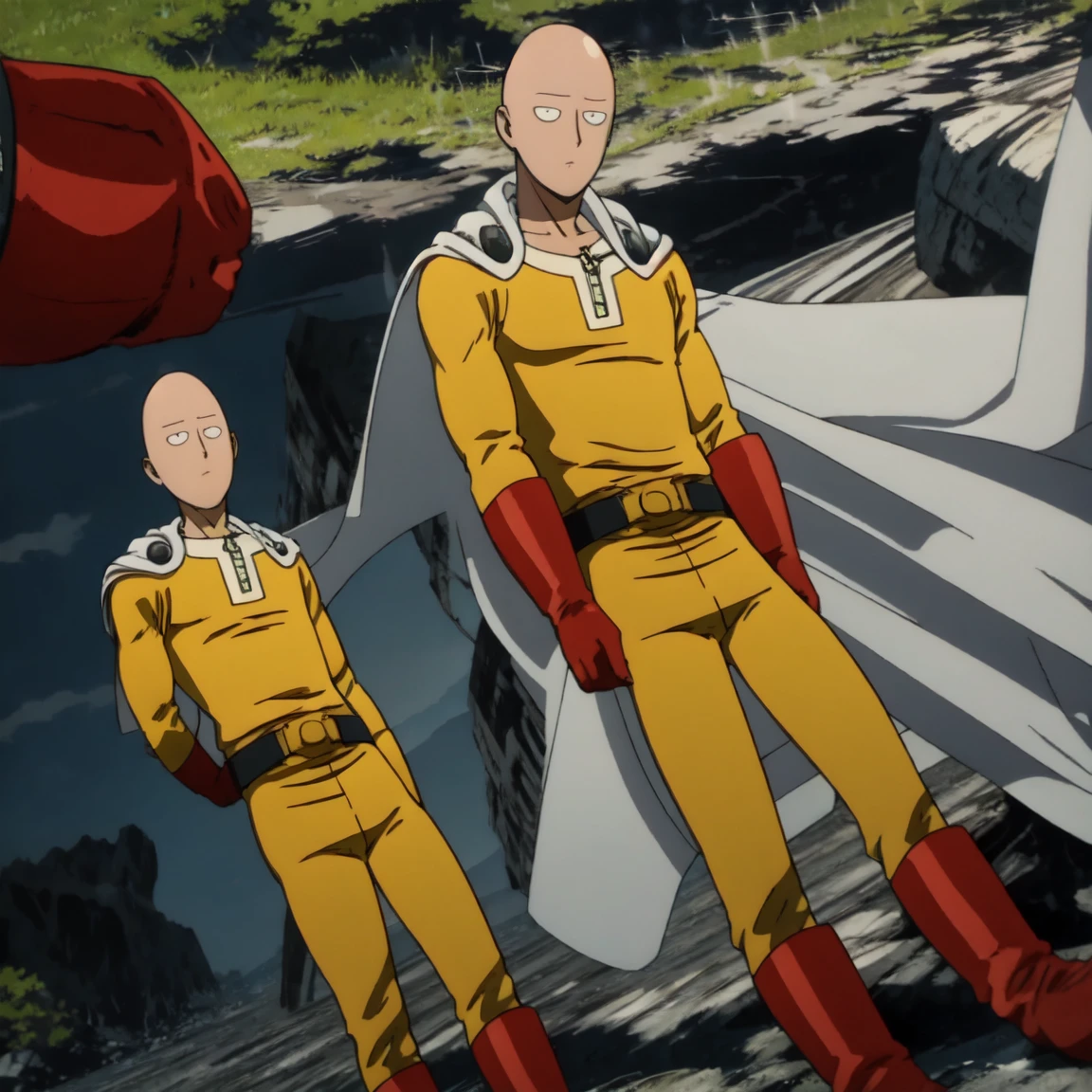 Saitama, the character from "One Punch Man," wearing his characteristic yellow suit with red gloves and a white cape, walks with a bored expression on a sunny day. Around him, a typical Japanese neighborhood with low buildings and green trees. The sky is clear, and the sun shines brightly, casting soft shadows on the ground.