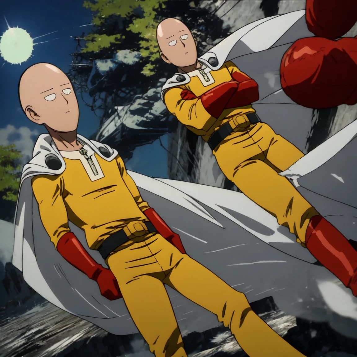 Saitama, the character from "One Punch Man," wearing his characteristic yellow suit with red gloves and a white cape, walks with a bored expression on a sunny day. Around him, a typical Japanese neighborhood with low buildings and green trees. The sky is clear, and the sun shines brightly, casting soft shadows on the ground.