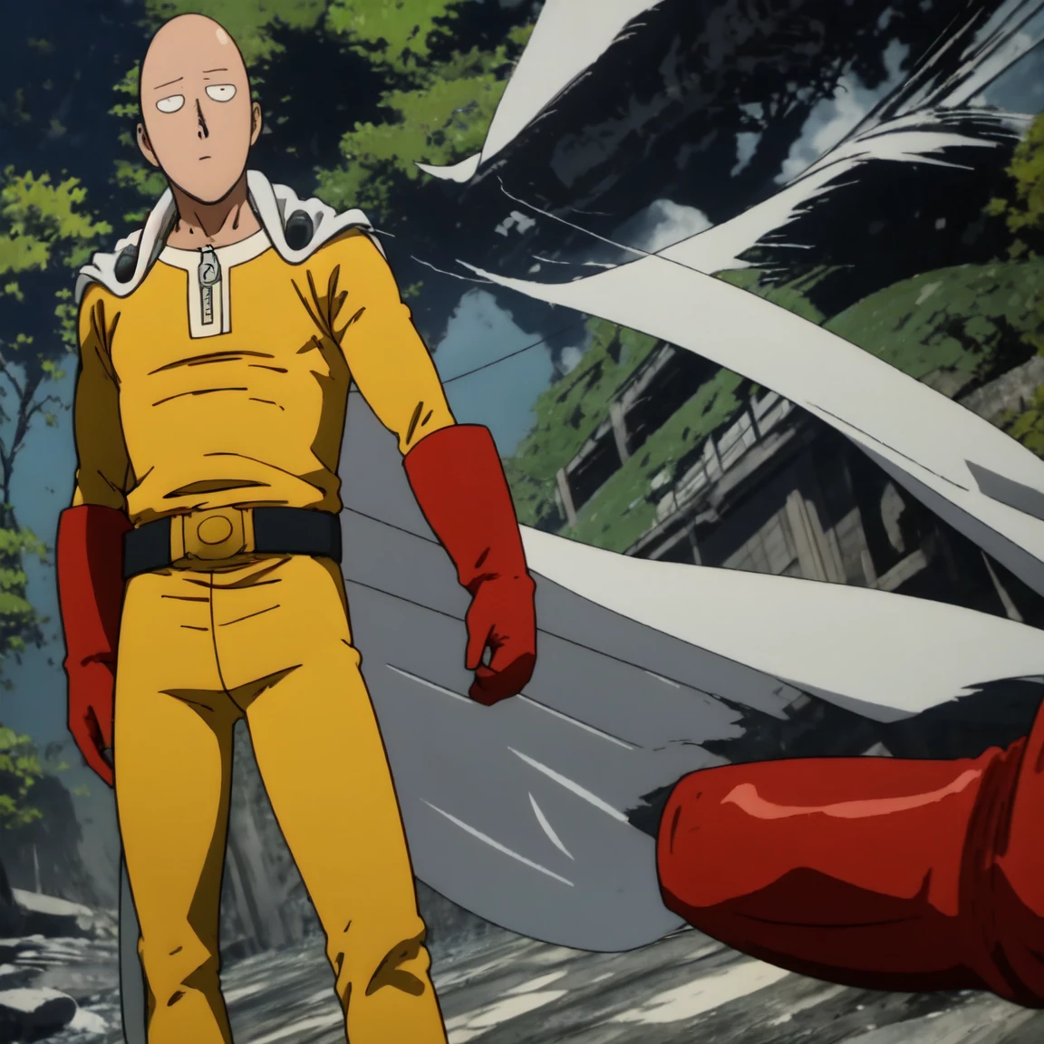 Saitama, the character from "One Punch Man," wearing his characteristic yellow suit with red gloves and a white cape, walks with a bored expression on a sunny day. Around him, a typical Japanese neighborhood with low buildings and green trees. The sky is clear, and the sun shines brightly, casting soft shadows on the ground.