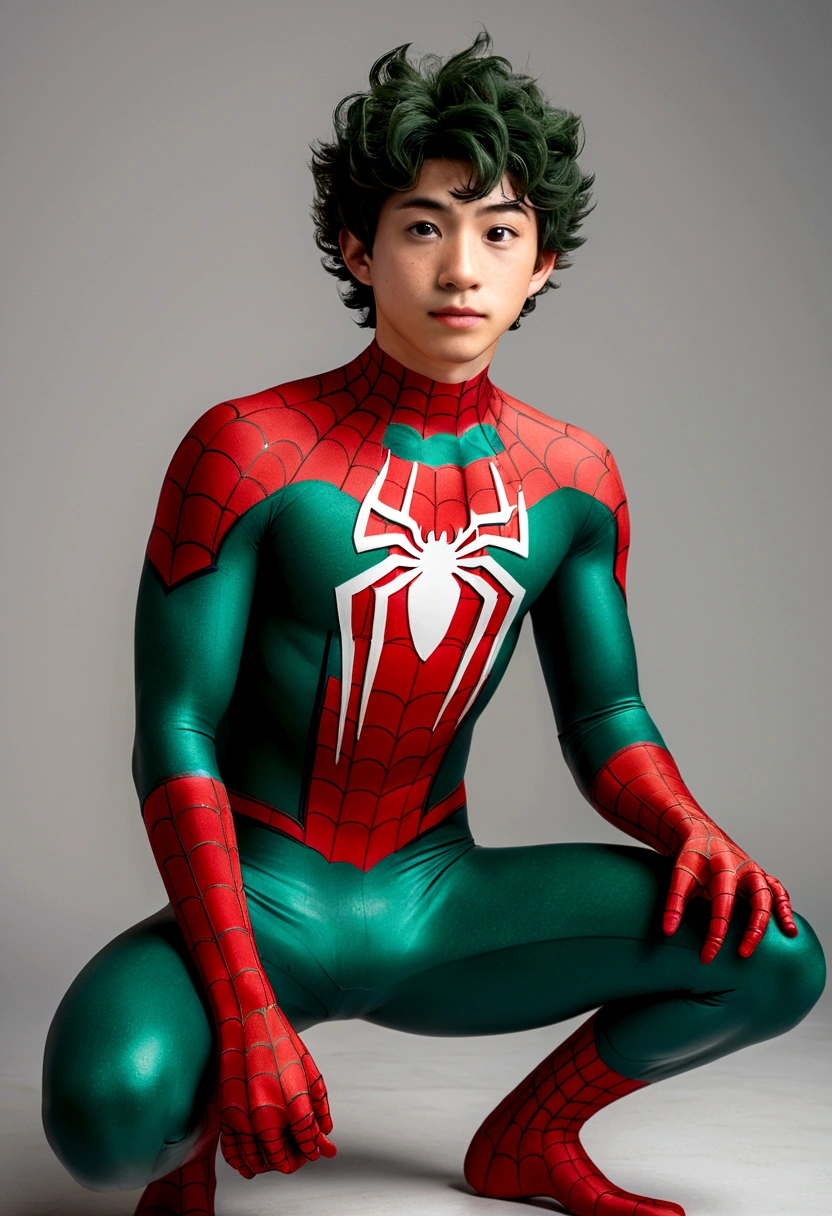 midoriya using green rubberized goo spiderman bodysuit,usung latex bulge rubber spiderman bodysuit.full body view,full body photo,kneeling position with legs slightly apart and a confident expression. Your right hand is resting on your waist, while your left hand ,front and back view,1boy,deku ,izuku midoriya, man focus,face, detailed skin, freckles, collarbone, slim, simple background, masterpiece, best quality,realisic,real life,