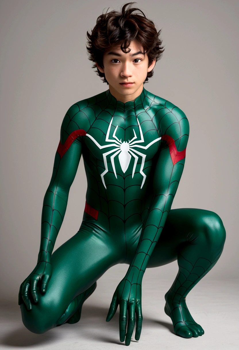 midoriya using green rubberized goo spiderman bodysuit,usung latex bulge rubber spiderman bodysuit.full body view,full body photo,kneeling position with legs slightly apart and a confident expression. Your right hand is resting on your waist, while your left hand ,front and back view,1boy,deku ,izuku midoriya, man focus,face, detailed skin, freckles, collarbone, slim, simple background, masterpiece, best quality,realisic,real life,
