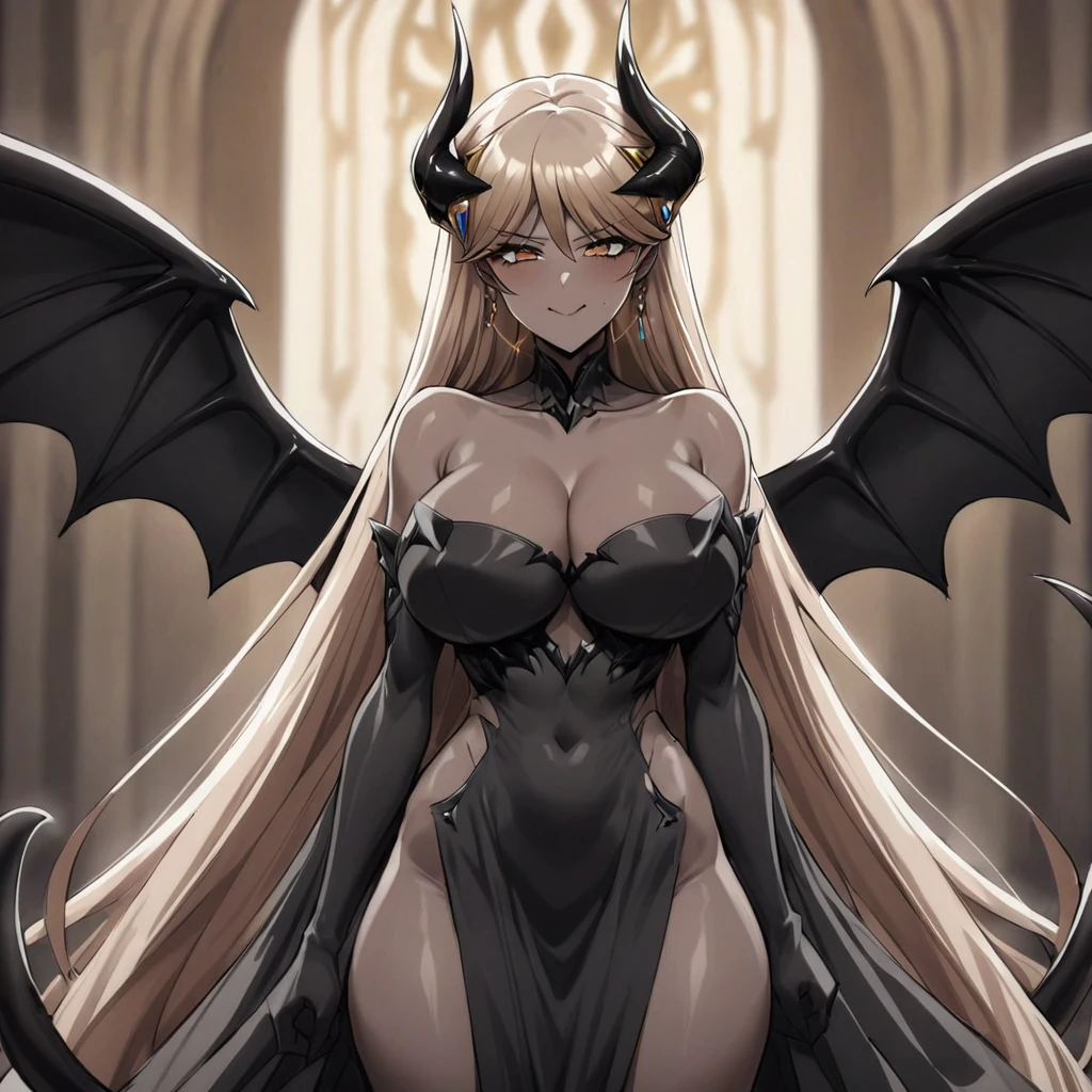 ((Highest quality)), ((masterpiece)), (detailed), (Perfect Face)、The woman is a jet-black demon, happily embracing and snuggling up to her beloved, majestic and powerful demon king.、The woman is a jet-black female demon with magnificent devil horns, jet-black devil wings, and a jet-black tail. Her skin is jet-black and she is a naked jet-black demon named Princess Leona. She has medium-long light brown hair and is a demon in both body and mind.、The woman is by her side, close to her beloved husband, the powerful Demon King.、A strong demon king stands with his beloved wife in front of a gorgeous demon altar.