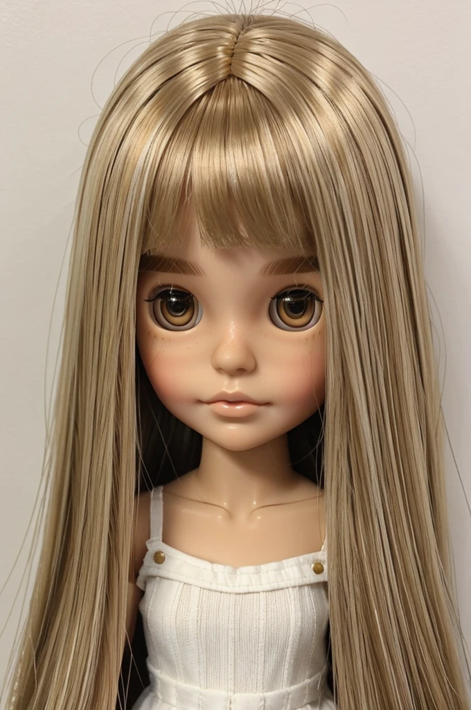Blythe doll with brown eyes medium length straight hair with hair parting in the center of the head blonde balayage hair color and white skin