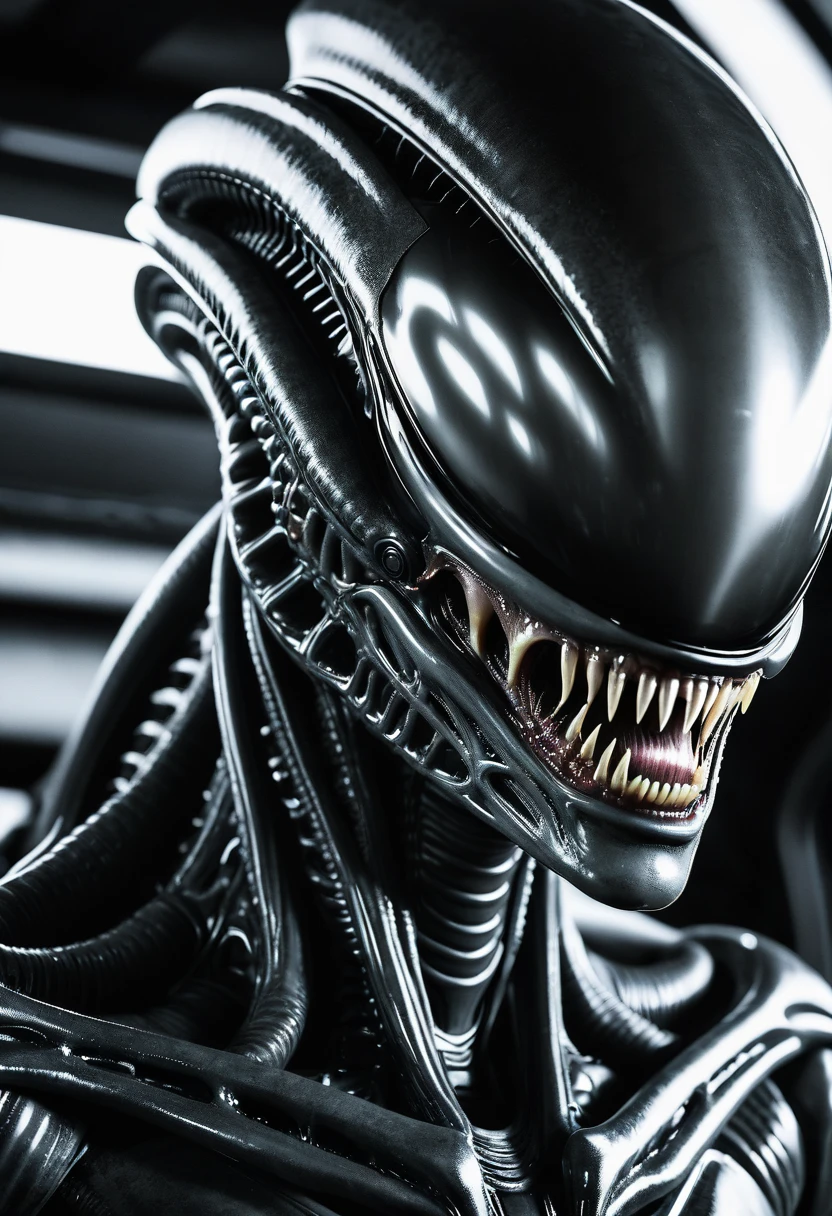 (((Extreme close-up Xenomorph Alien the eighth passenger Silver color surreal and cinematographic images Color Splash images)),(((Front Images)))