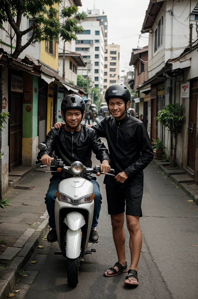 Indonesian men ride together on scooters