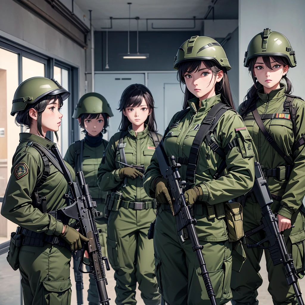 Four female soldiers patrolling with guns、Wearing a dark green jacket、Military Pants、Put on a helmet、wear gloves、Belt Magazine Pouch、with rifle in hands，Show only the upper thigh area。high resolution、best quality、8K picture quality