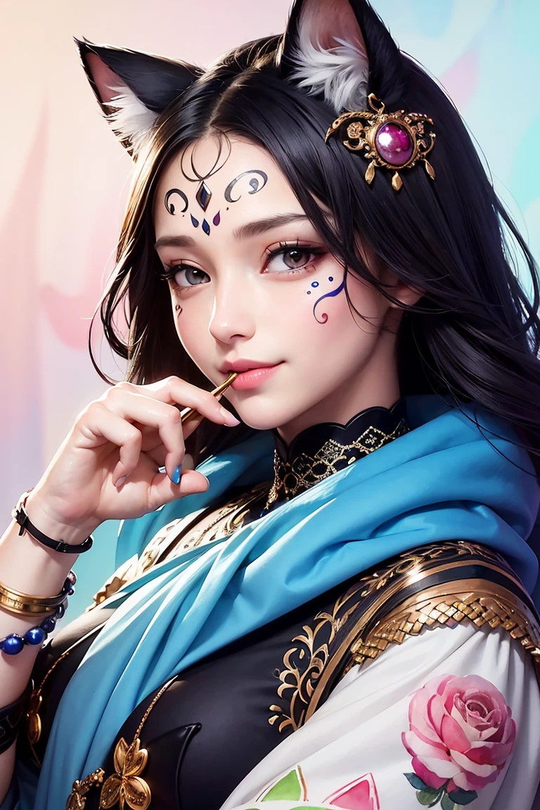 wtrcolor style, digital art of (Cat character), official art, front, smile, masterpiece, beautiful, ((watercolor)), face painting, ink splash, intricate details. Very detailed eyes, [drip:0.5], trend in Artstation, Rachel Walker
