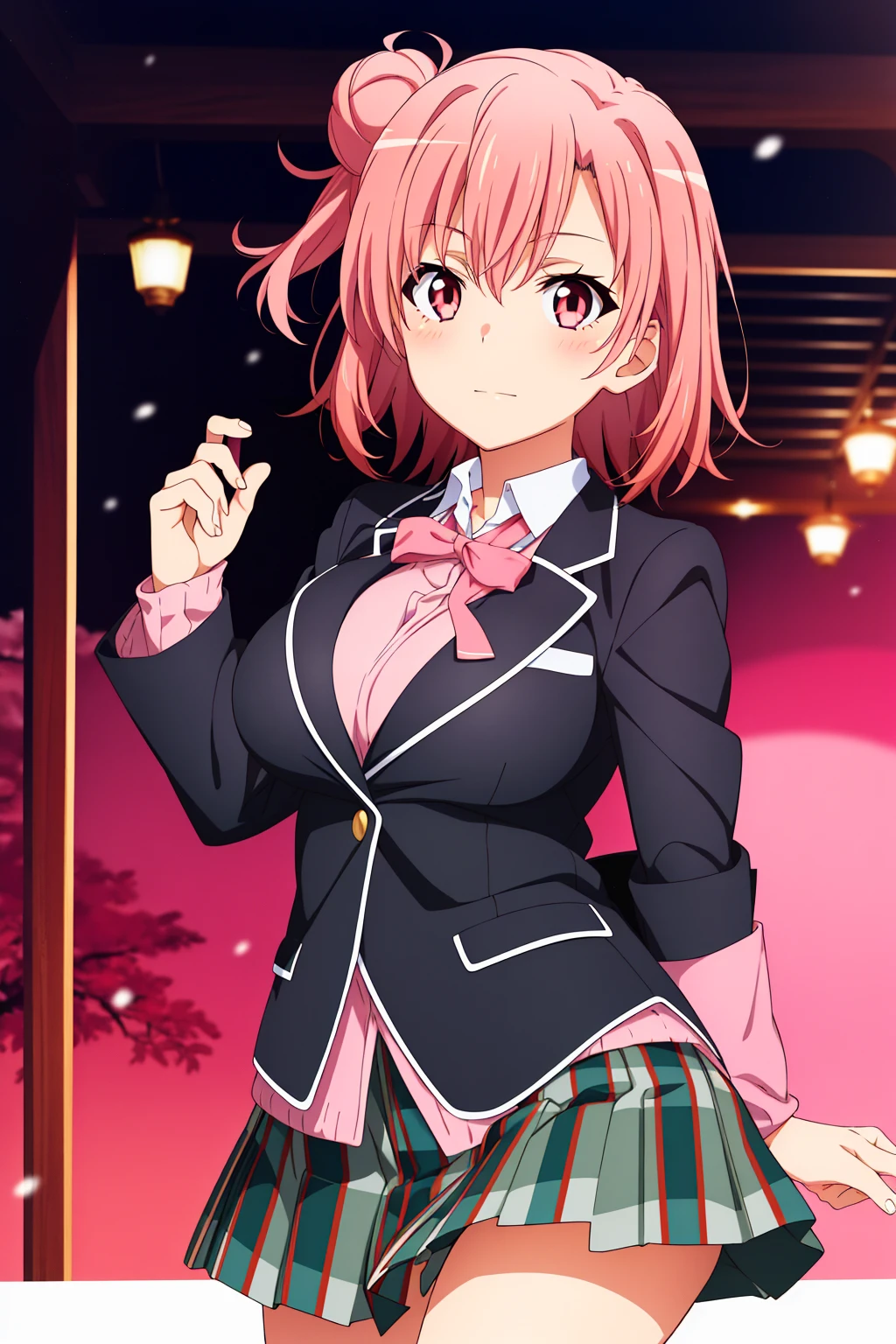 highest quality, High resolution, perfect pixel, Depth of the bounds written, 4k, beautiful anime girl, perfect body, 
looking at the viewer, 
Yuigahama Yui, 1 girl, short hair, pink hair, hair bun, pink eye, 
large breast, 
blazer, winter , kilt skirt, 
cowboy shot, 