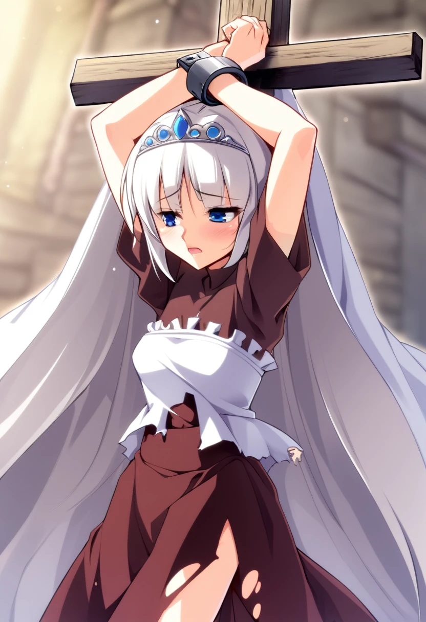 one girl, handcuffed her hands above head, slave,, white hair, princess, naive, endure, crucifixion, nsfw, young, nsfw, torn dress