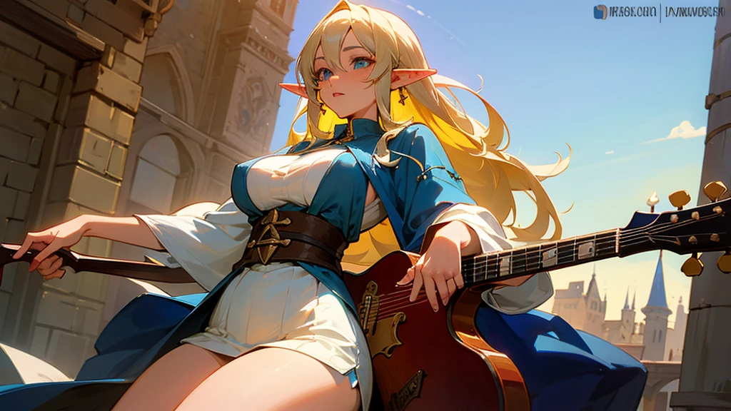 Anime Style,Nostalgic,Detailed background,The medieval world,A lively bar with lots of people,Beautiful sky,Beautiful Elf Bard,guitar,Large Breasts,Healthy thighs