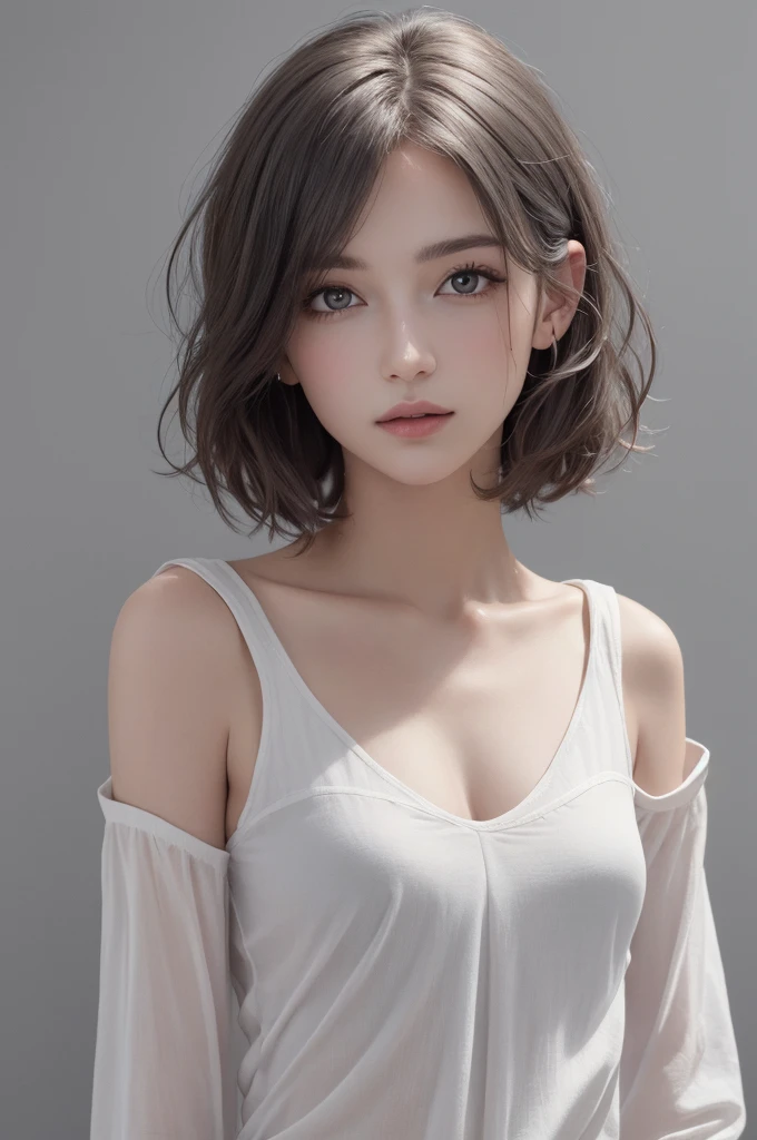 8k Ultra HD、RAWphoto、Model photo shoot、 European lace、best quality、Practical、high resolution、photo:1.3)、closure、focus on、Popular Models、Slim、30 years old adult、Small face、without make-up、short hair、Beautiful dark brown haine eyes、Real Skin、(Perfect body)、Sexy hot face、、Sexual Vision、Slim、shirt、Long sleeve、Hide your breasts、Beautiful eyes in every detail、Glossy lips、Small Breasts、Small Breasts、Bust B cup、((Bright Light、Dynamic Lighting、real、超real、 Realism、Realistic details、Cruel beauty、Cool pose、Background white、Pure white background