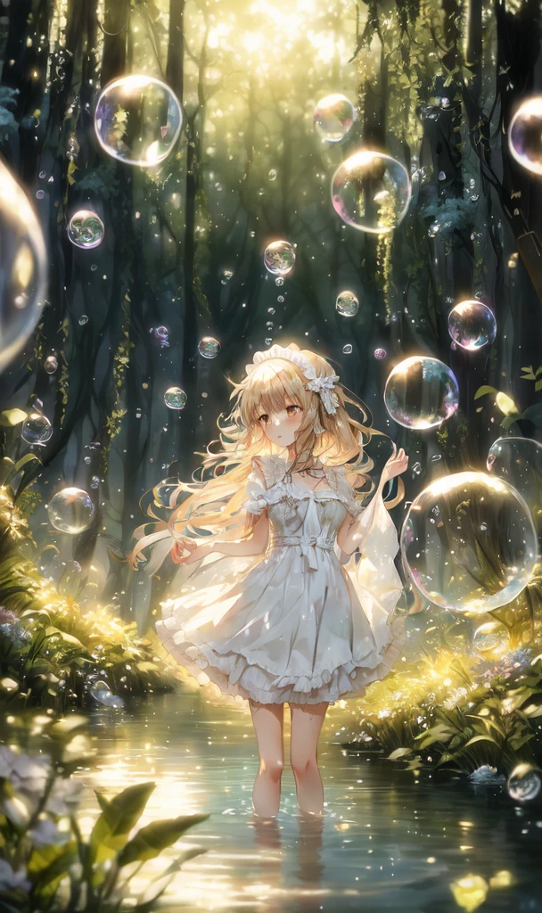 anime girl in white dress standing in water surrounded by bubbles, splash art anime loli, guweiz on pixiv artstation, bubbly scenery, guweiz on artstation pixiv, anime art wallpaper 8 k, anime art wallpaper 4k, anime art wallpaper 4 k, a maid in a magical forest, 4k anime wallpaper