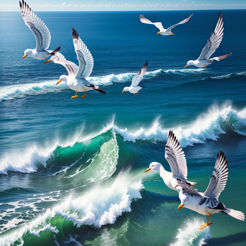 On the clear sea,Three seagulls flying by,Long-range perspective,Low Angle,Japanese comic style