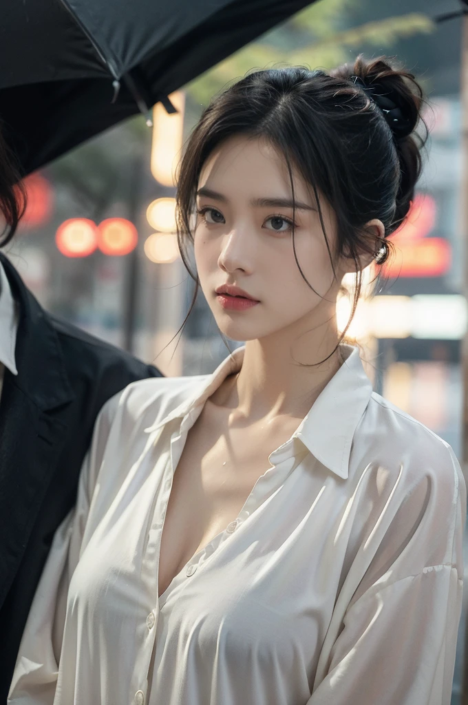 (((best quality))),(((ultra detailed))),(((masterpiece))),illustration,1girl, young,solo, slim,thin,short ponytail,small breasts,flat chest,white collared shirt,(cleavage),shorts,standing,arms behind back,rainy night, heavy rain, drenched clothes, melancholy expression, solitude, tear rolling down cheek, wet hair, empty streets, dimly lit, deserted environment, sound of rain, footsteps, symbol of hope, abandoned, resilience, determination, walking in rain, heartbreak, loss, love fading, loneliness, body language, facial expression, dreary atmosphere, rain-soaked streets, somber mood, viewer engagement,((upper body,from front)),urban scape,night scene