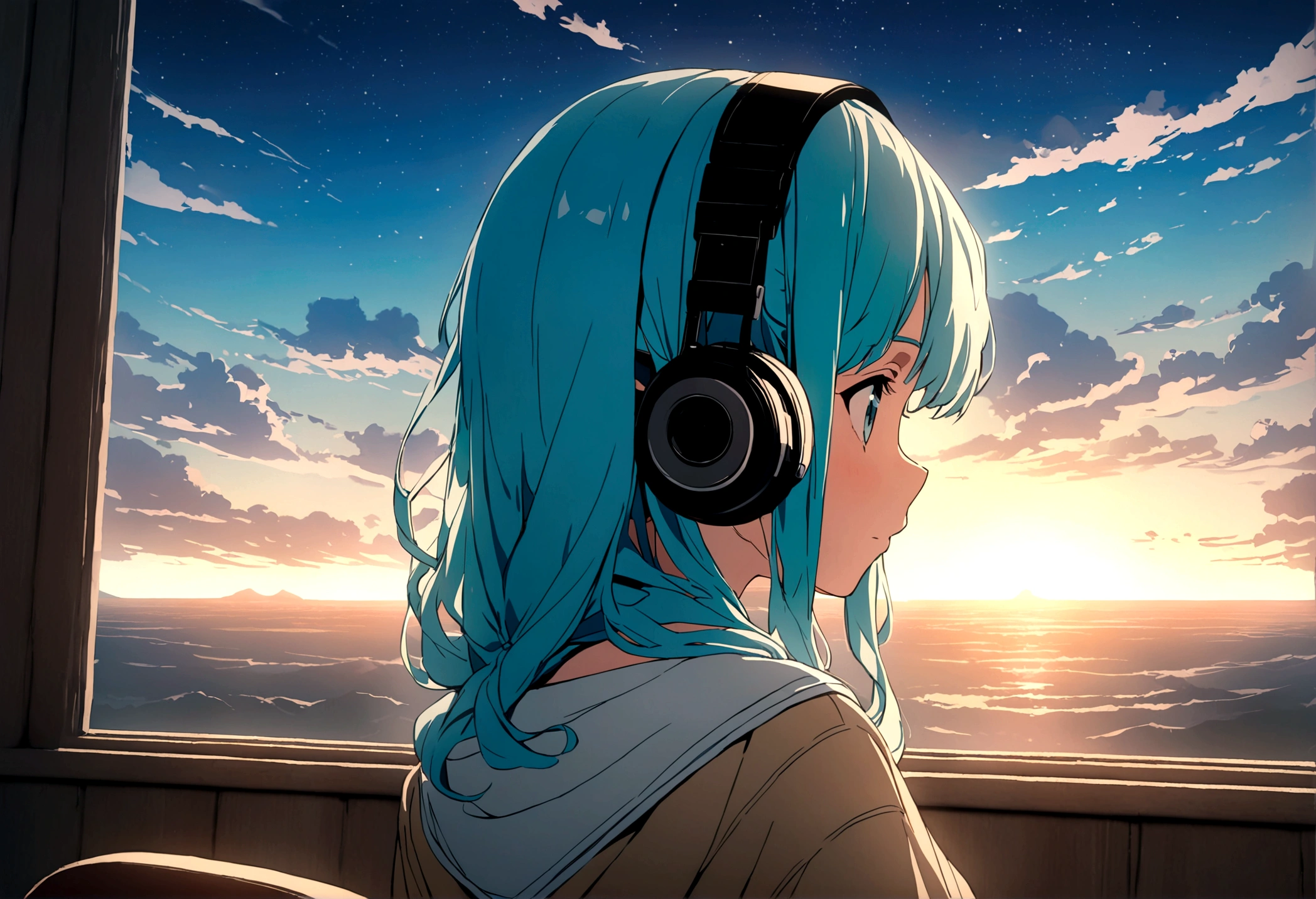 masterpiece,32k,Blue Hair、、The starry sky fills the screen.、女の子のBack view。A woman is wearing headphones 4k, sad,、Bowwater&#39;Art Style、Beautiful digital illustrations、Beautiful character drawings、Stunning Anime Face Portrait Mikudayo, Official artwork, Lo-fi Girl, Admire the art style,, Halfbeak, Anime atmosphere, A mix of anime style and Fujifilm, Digital anime illustration, anime wallpaper 4k　ヘッドフォンをつけた少女 Blue Hairの女性　Put on your headphones;　　　High resolution　high quality　Beautiful and realistic sky　The sky is the main thing　Back view　Back view　The scenery is the main thing　The scenery is the main thing　Emotional　lofi old camera film　Deep　3D