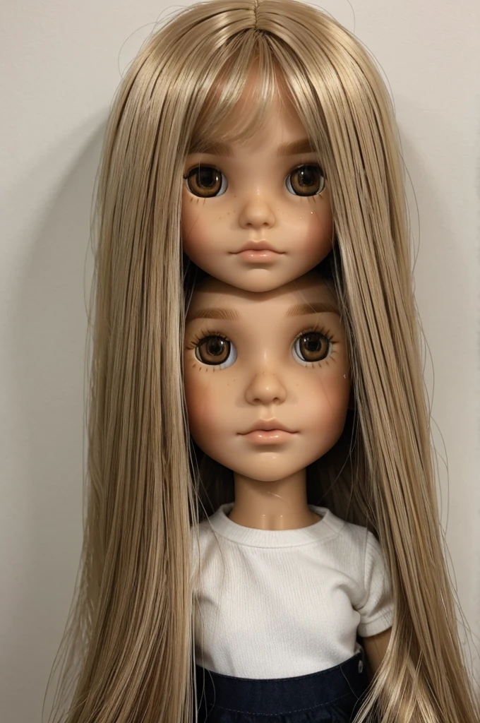 Blythe doll. Brown eyes. straight medium length hair with hair parting in the center of the head. blonde balayage hair color. White skin