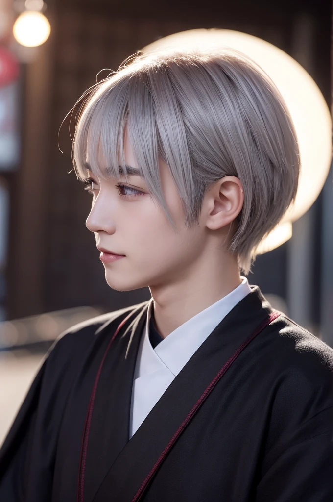 A vampire-like young gentleman wearing a hakama、Short double teeth、Kindness、An illustration、A sad smile、Angle from a slight angle、Hair color is ash gray、Priest、少しだけpop、The background is the magic hour、The hairstyle is a short mash、A little cute、A little bit of a psychopath、pop、profile、1 person、