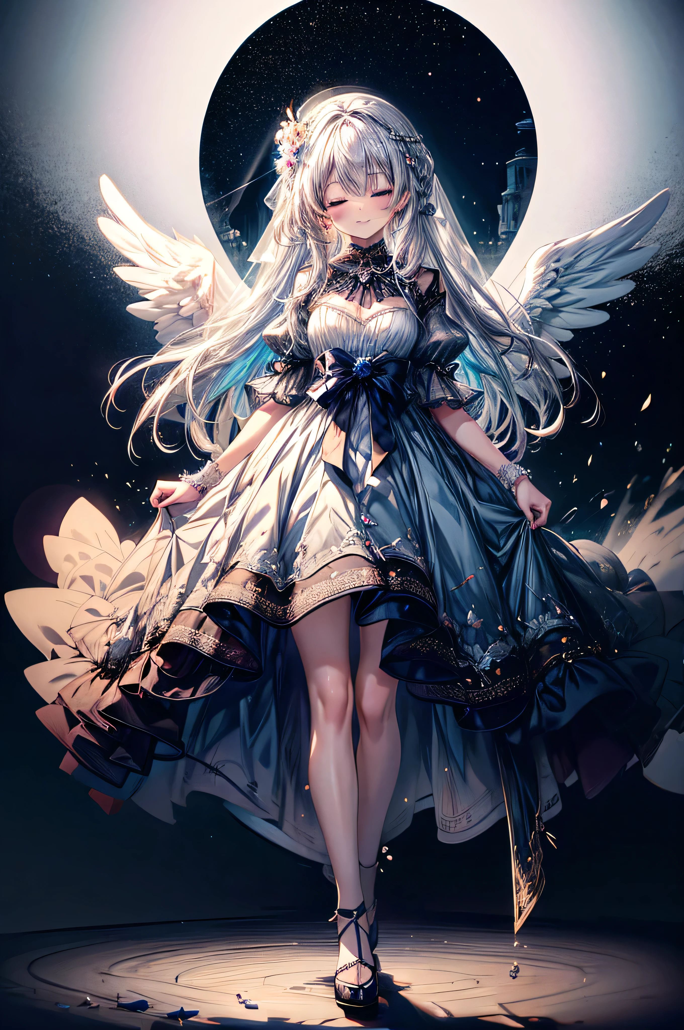 ((highest quality)), ((masterpiece)), (detailed), Perfect Face ,masterpiece, best quality, extremely detailed, anime, girl, blue eyes, silver hair, 8K, 4K,longhair,colorful,Wedding dress,small breast,expressive eyes,perfect face, moe, kawaii,cute,dress,eye focus, spectacular view, diamond shaped eyes, full body, Angel's wing,smile,flower garden, eyes closed, night, moon 